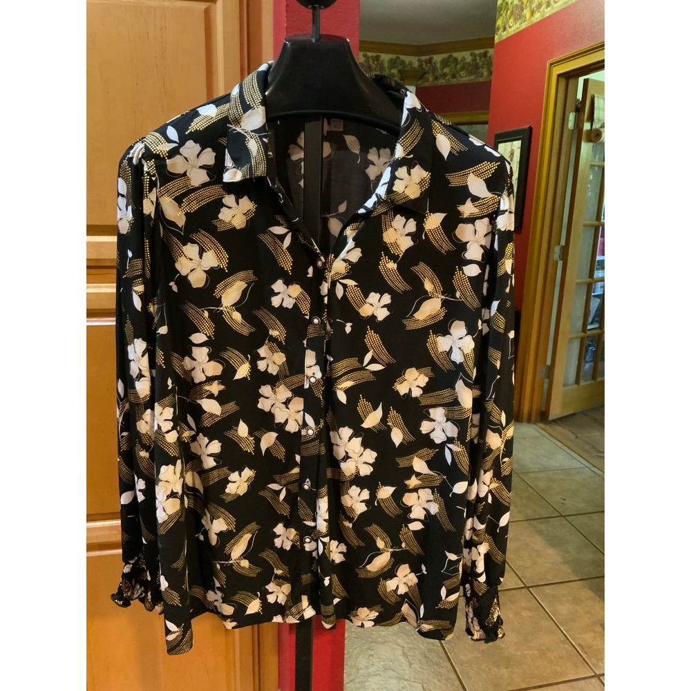 Cato Womens Plus Size 22/24W Black Gold Floral Button Down Blouse Long Sleeve